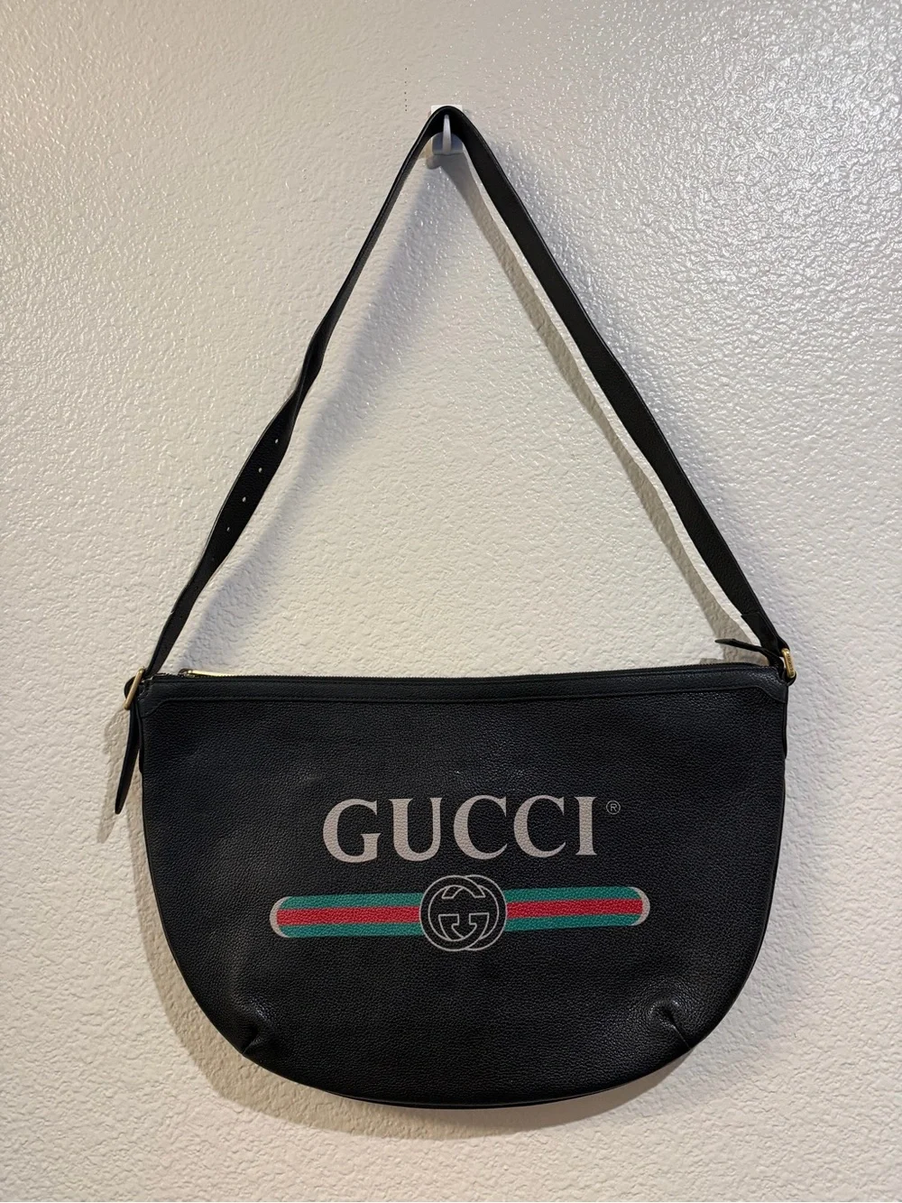 Gucci Black Leather Logo Messenger Bag